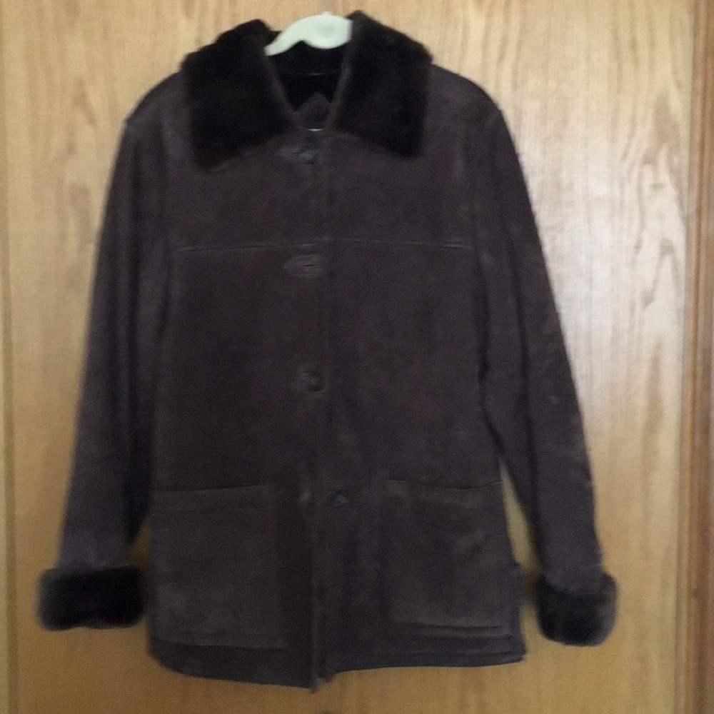 Dennis Basso faux Sherpa suede barn jacket.